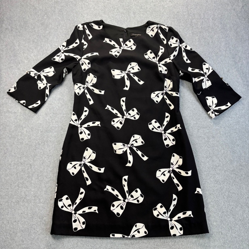 Banana Republic Bow Print Dress Black White 3/4 Sleeve Petite Size 6P Career